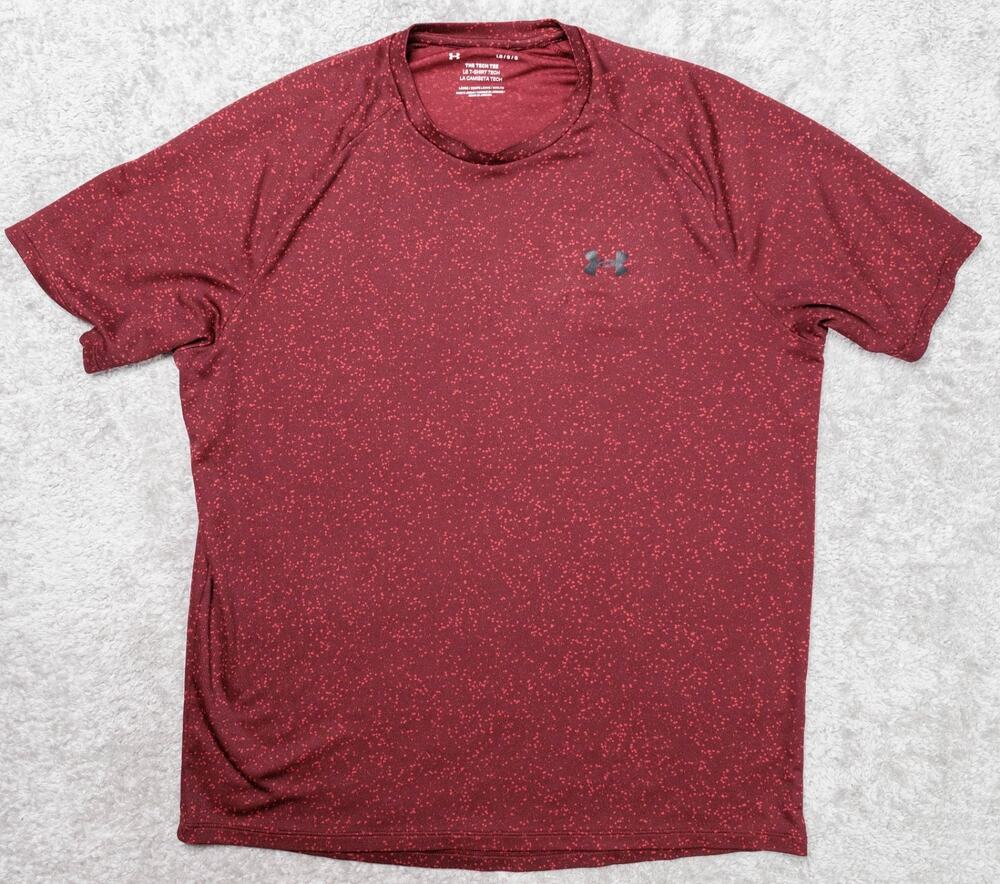 Underarmour The Tech Tee Loose Fit Shirt Red Paint Splatter Short Sleeve Mens L
